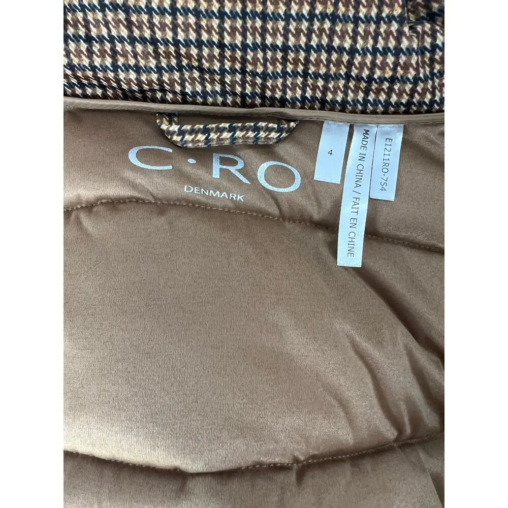 C-RO‎ Denmark Houndstooth 2-Way Stretch Puffer Coat with Faux Fur Hood Size 4